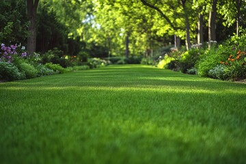 Obraz premium Vibrant Green Lush Grass Lawn Garden Path Sunlight Summer Nature Scenery Beautiful Tranquil Peaceful Serene Landscape View Perfect Backyard Greenery 