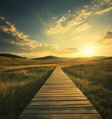 Fototapeta premium Serene Pathway Through Golden Meadow Under Majestic Sunset with Dramatic Sky and Rolling Hills in the Background