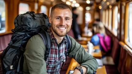 Obraz premium A male traveler with a backpack smiles brightly while seated inside a vintage train. The warm wood decor and cozy atmosphere create a welcoming vibe as fellow passengers enjoy their trip