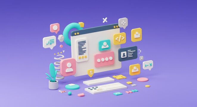 Icons depicting elements of a web development and coding environment, including HTML, CSS, JavaScript, Git, and other essential tools.
