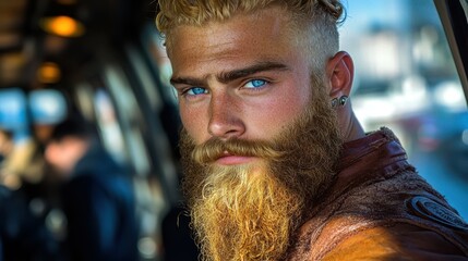 Obraz premium A young man with striking blue eyes and a full beard gazes thoughtfully toward the camera while inside a busy urban space. His stylish leather jacket adds to his remarkable presence