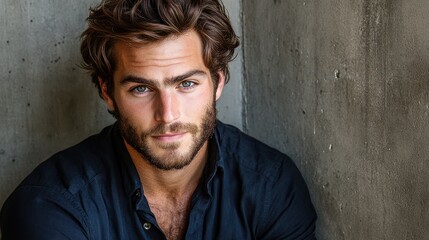 Fototapeta premium A young man with an intense expression sits against a gray wall, showcasing his stylish casual attire and tousled hair in natural lighting during daytime