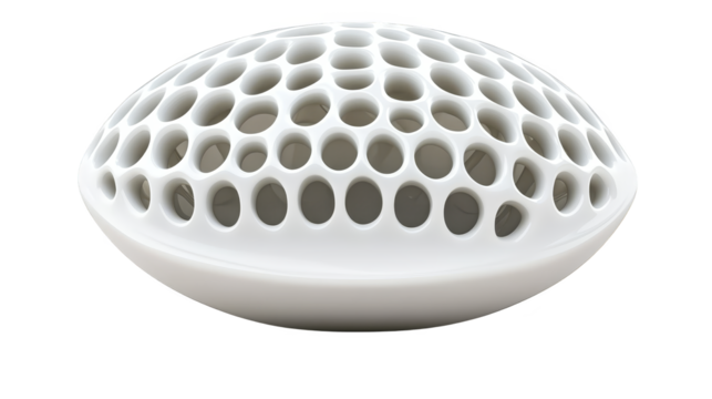 Intricate white sphere with holes, an abstract exploration of light and form in 3d design