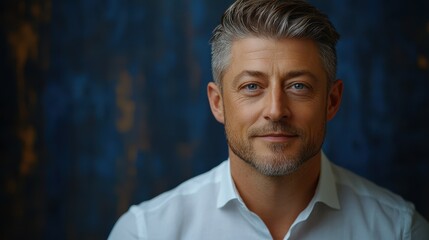 Obraz premium A man with stylish gray hair and striking blue eyes is smiling at the camera. He is wearing a white shirt with the top button undone, giving an approachable vibe in a well-lit space
