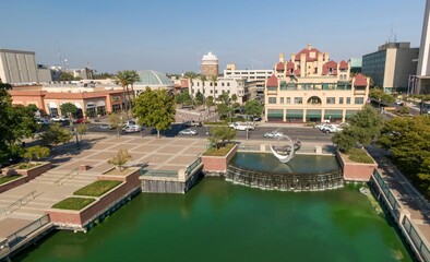 Aerial view of Stockton, California, USA, showing the downtown area with its architecture, Mcleod...