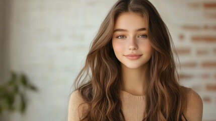 Obraz premium Young woman with long, wavy hair in a beige sweater, smiling softly against a light brick wall, conveying a sense of warmth and serenity