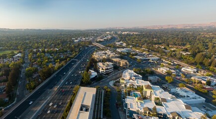Aerial view of a busy I-680 highway in Walnut Creek, California, USA. Cars and trucks are commuting...