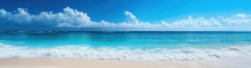 Fototapeta premium White sand beach meeting turquoise water with waves and blue sky with clouds on the horizon