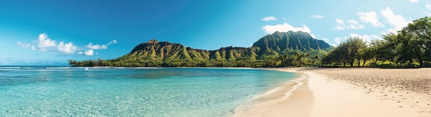 Fototapeta premium Panoramic view of turquoise water lapping against sandy beach in hawaii