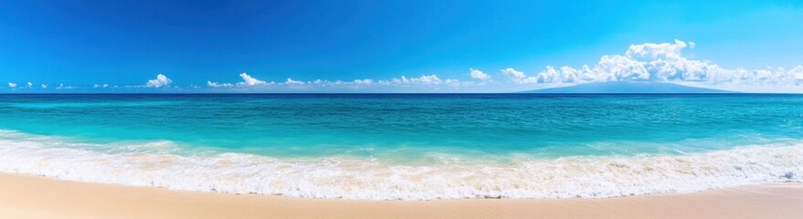 Obraz premium Panoramic view of tropical beach with turquoise water and white sand