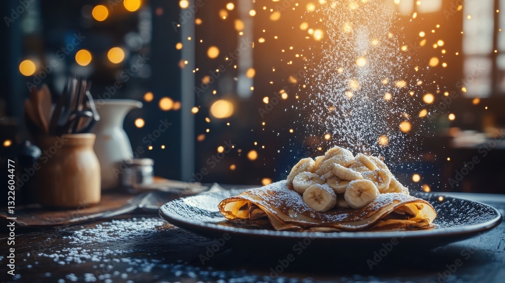 Poster delicious crepes topped with sliced bananas and powdered sugar in warm ambient lighting with bokeh e