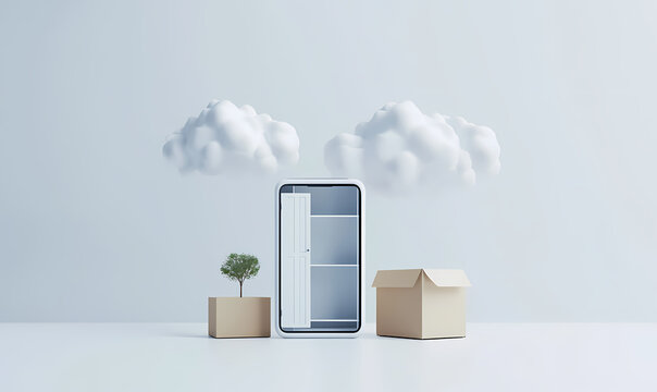 Digital Realm: A symbolic illustration showcasing a smartphone, a small plant, a cardboard box, and two fluffy clouds.