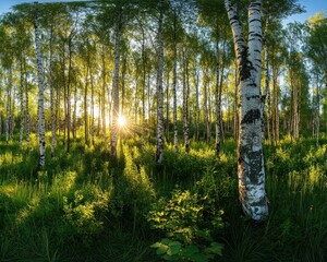 Obraz premium Serene Sunlight Filtering Through Birch Trees in a Lush Forest, Creating a Peaceful Atmosphere of Nature in Early Morning Light