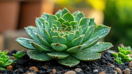 Obraz premium A lush succulent plant displays vibrant green leaves adorned with water droplets, set against rich soil, basking in gentle morning sunlight, surrounded by smaller plants