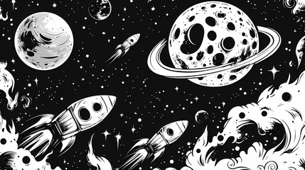 Cosmic Voyage: A black and white illustration showcases a vibrant journey through the cosmos, featuring rockets, planets, and celestial wonders.