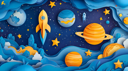 Cosmic Voyage: An artistic depiction of a celestial journey with rockets, planets, and stars in a vibrant and imaginative display.