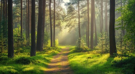 Fototapeta premium Serene Sunlight Through Tall Trees Illuminates a Peaceful Forest Path with Lush Green Grass and Gentle Hills in a Tranquil Natural Environment
