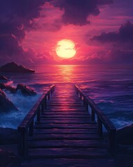 A serene sunset over a tranquil ocean, with waves crashing against a wooden pier.