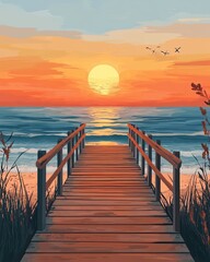 Obraz premium A serene sunset over the ocean viewed from a wooden pier surrounded by nature.