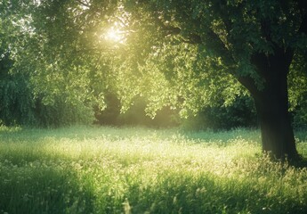 Obraz premium Serene Sunlit Forest Scene with Lush Green Grass and Gentle Sunlight Streaming Through Leafy Tree Canopy in a Peaceful Nature Setting