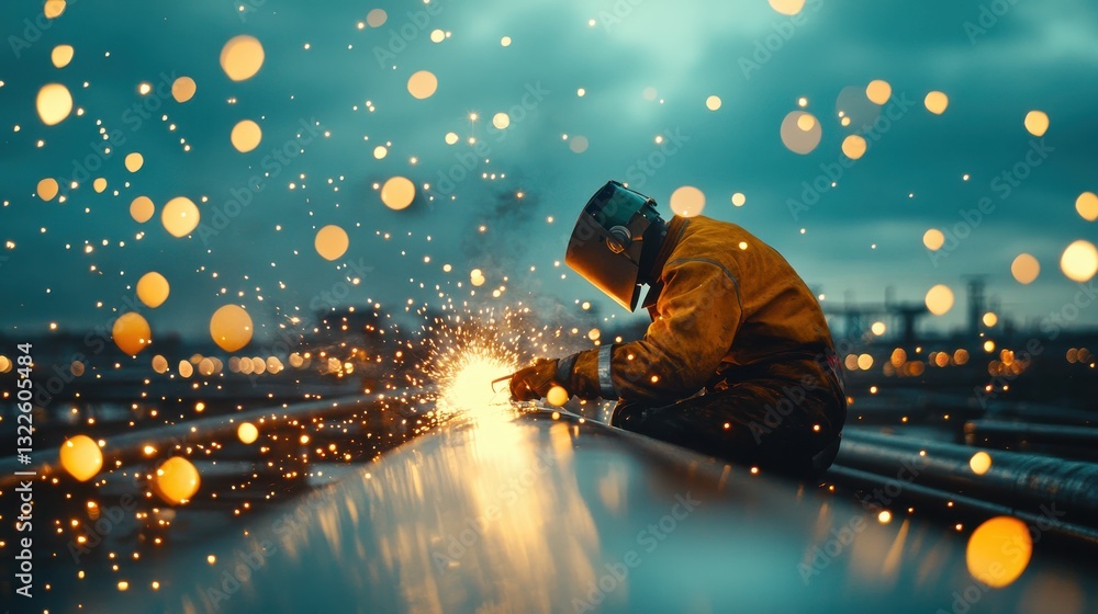 Aufkleber skilled welder in protective gear creating sparks while working on industrial pipe at dusk with boke