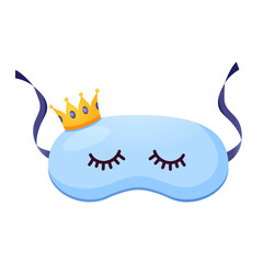 Vector cartoon sleeping mask in blue color with eyelashes and golden crown isolated on white background.