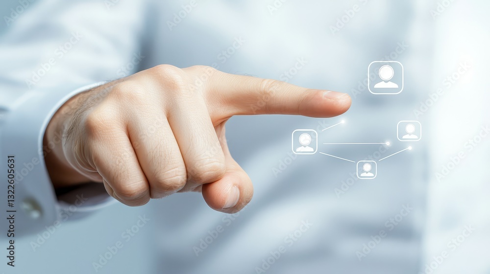 Poster cloud computing solutions, man points to icon symbolizing data storage, access, and network connecti