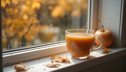 A Warm Autumnal Drink By The Window, Bathed In The Golden Light Of A Crisp Fall Day, With Fallen Leaves Scattered Nearby And A Ripe Apple Resting Beside It
