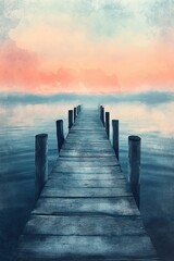 Fototapeta premium A serene wooden pier extending into a calm, reflective body of water at dusk.