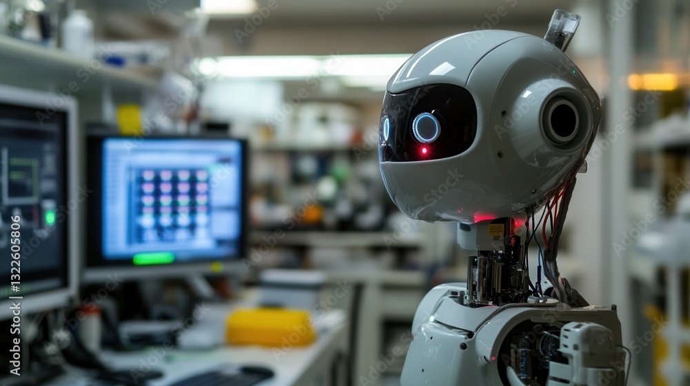 Aufkleber robot in a high-tech laboratory surrounded by advanced equipment and glowing screens, showcasing cut