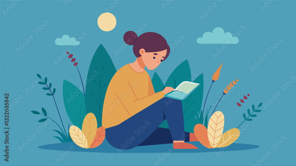 Poster in the middle of a wheat field a person finds their own patch of grass to sit on surrounded by nothi