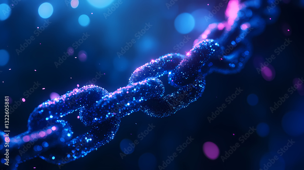 Poster blockchain technology: a mesmerizing close-up of an illuminated chain, radiating energy and connecti