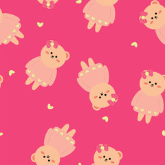 Seamless pattern cartoon cute bear wearing pink clothes and wearing ribbon. cute wallpaper and animals background for gift wrap paper