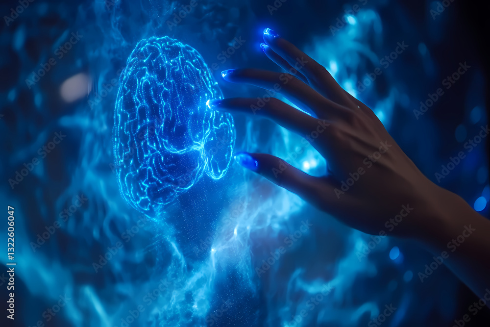 Poster brainwave interface: a hand delicately interacts with a glowing, futuristic representation of the br