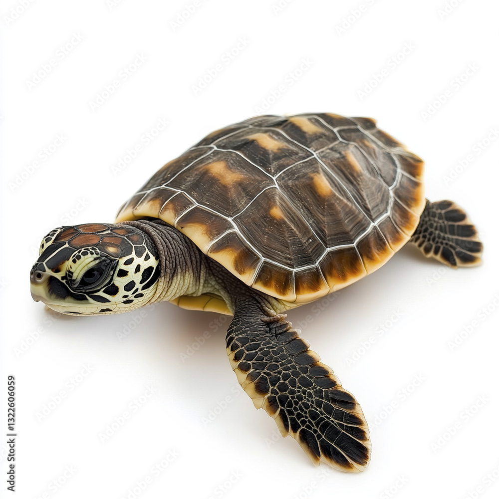 Poster baby turtle with patterned shell on white background