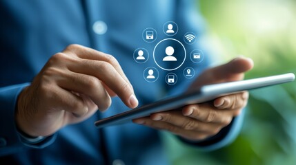 Social media icons on tablet, person using mobile technology for online networking, connecting with global community through digital platforms.