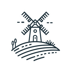 Vector illustration of a windmill on a hill. Isolated stock image ideal for rural, agriculture, and eco-friendly designs, symbolizing sustainability, tradition, and countryside living.