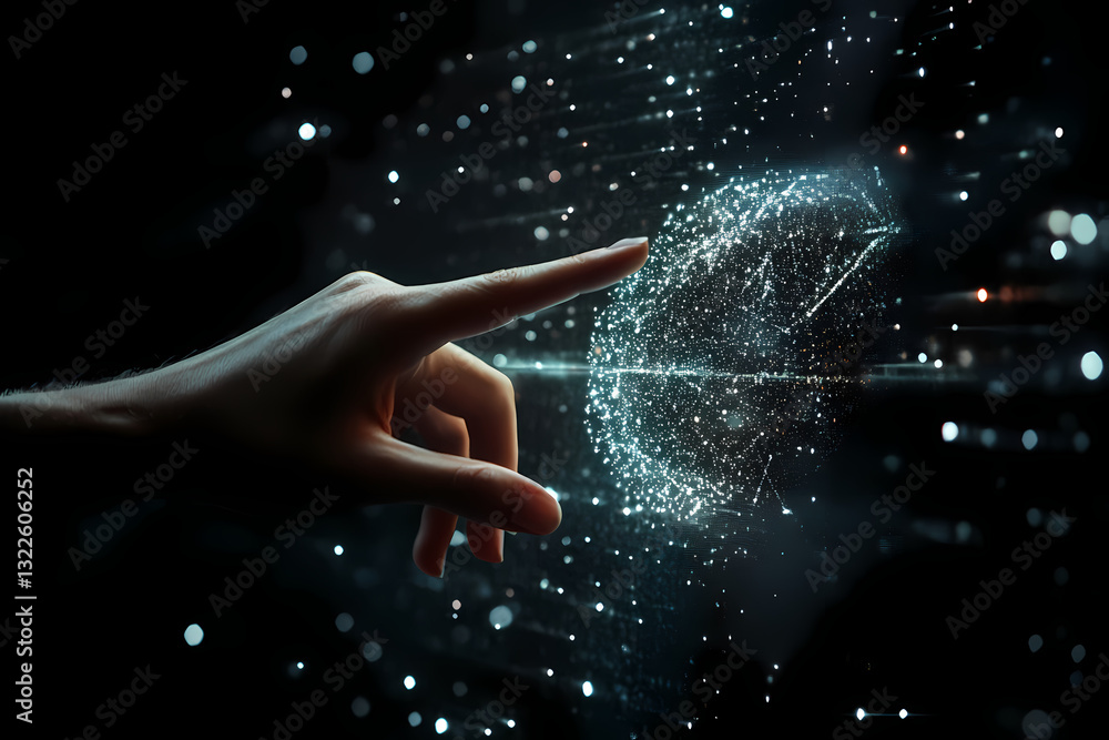 Poster digital connection: a person's hand interacts with a glowing sphere of interconnected data points, r