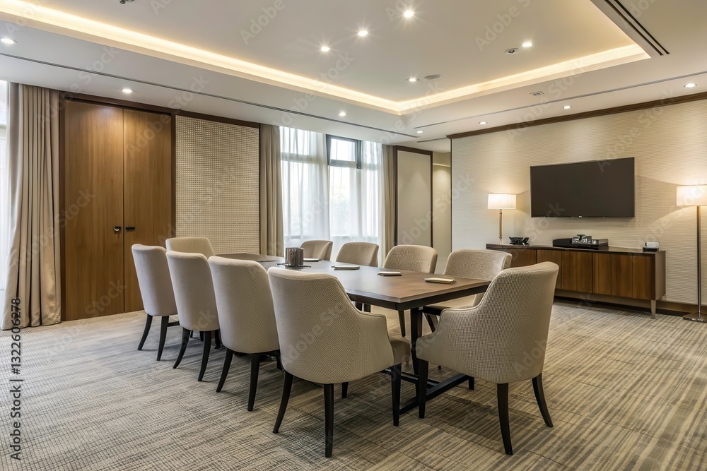 Poster meeting room setup with chairs arranged around large table in modern office environment generative a