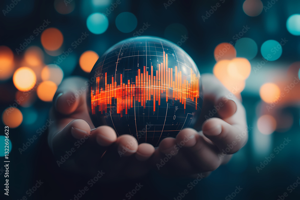 Poster global business at hand: an insightful image capturing a pair of hands cradling a glowing globe, sym