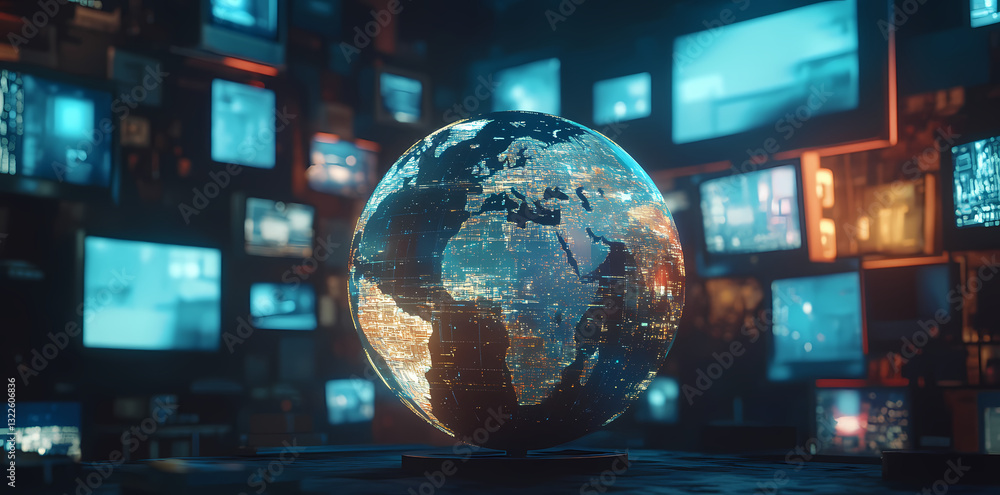Poster global digital network: a futuristic scene where a glowing globe hovers amidst a backdrop of vintage