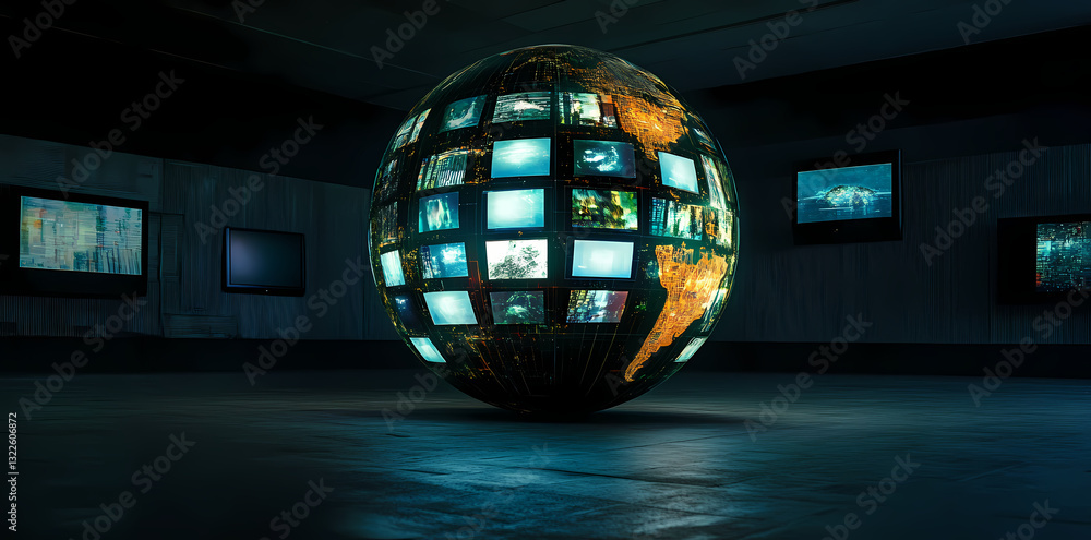 Poster global media sphere: a visually captivating depiction of the world, symbolized through a sphere comp