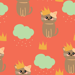 Seamless pattern cartoon cute brown cat wearing a crown, and clouds. cute wallpaper and animals background for gift wrap paper