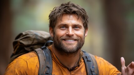 Fototapeta premium A man with a beard smiles brightly while wearing an orange shirt and a backpack. Sunlight filters through trees creating a vibrant, serene atmosphere in the forest