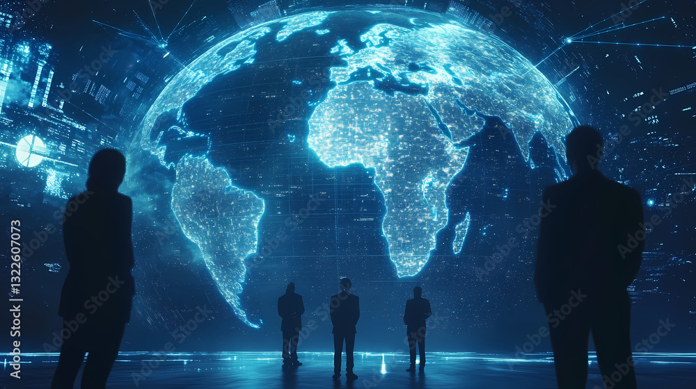 Poster global strategy: a group of silhouetted figures stand before a holographic representation of the glo