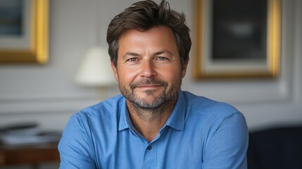 Naklejka premium A man with a beard smiles warmly while sitting in a well-furnished room. He wears a blue shirt and is surrounded by stylish decor, conveying a relaxed and approachable atmosphere