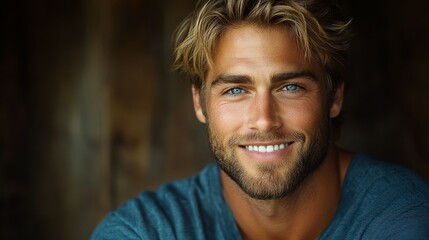 A man with wavy blonde hair and striking blue eyes smiles confidently while sitting in a cozy environment with warm lighting, exuding charm and approachability