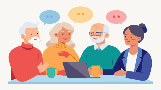 A panel of retired individuals sharing their experiences and offering advice on how to successfully navigate retirement.. Vector illustration