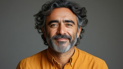 Obraz premium A man with curly hair and a beard smiles warmly. He is wearing an orange shirt and has a friendly expression, set against a plain beige background
