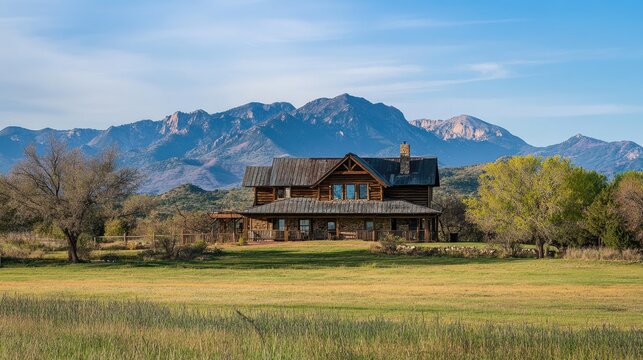 Mountain Log Cabin Home Ranch House Landscape - Powered by Adobe